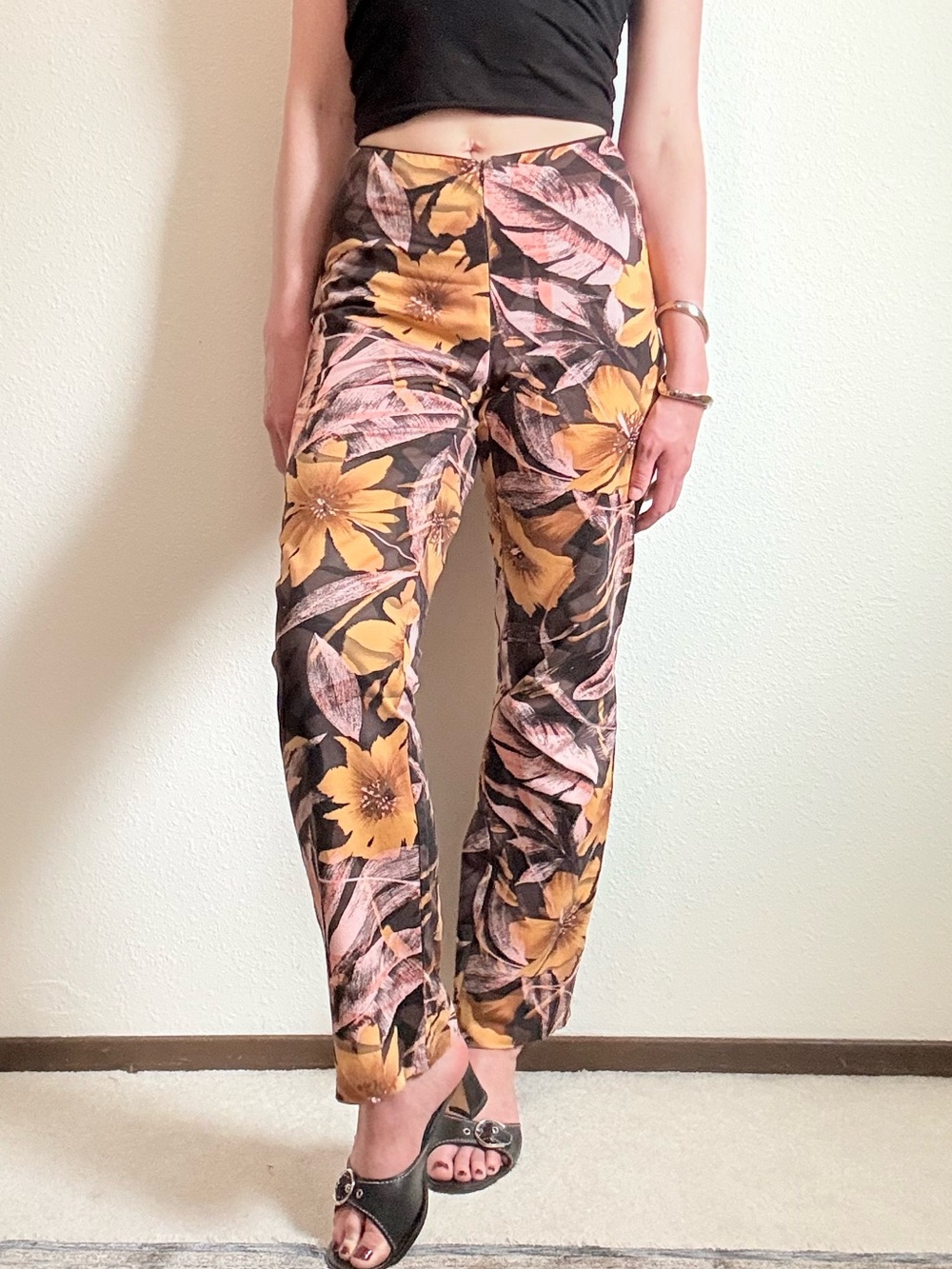 Vintage Cache Tropical Floral Print Mid Rise Bootcut Pants 90s Retro Boho